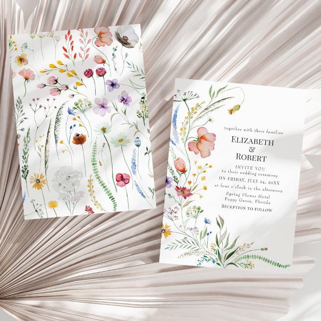 Invitación de boda boho acuarela con flores silves (Boho Watercolor Wildflower Wedding Invitation on a sunny neutral dry palm leaf.)