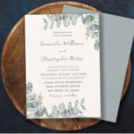Invitación de boda Boho acuarela eucalipto azul ve