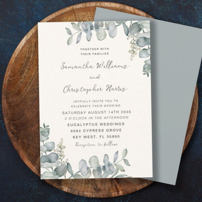 Invitación de boda Boho acuarela eucalipto azul ve (Subido por el creador)