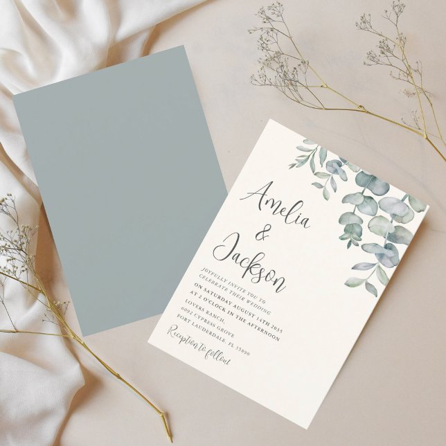Invitación de boda Boho acuarela eucalipto azul ve (Subido por el creador)