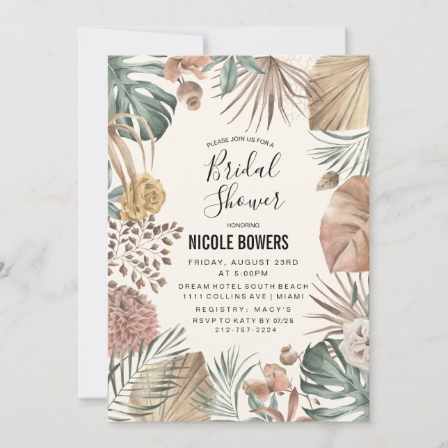 Invitación de boda boho acuarela floral (Anverso)