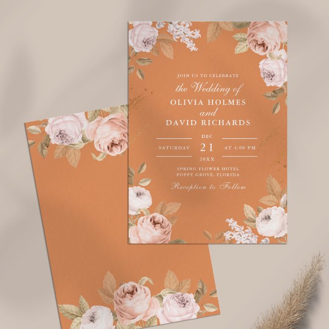 Invitación de boda Boho Apricot Peonies (Boho Apricot Peonies Wedding Invitation on a neutral table)