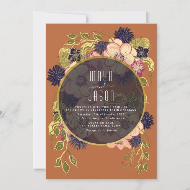 Invitación de boda boho azul marino y terracota (Anverso)