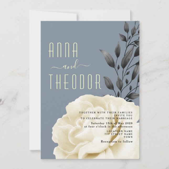 Invitación de Boda Boho Azul Polvoriento (Anverso)