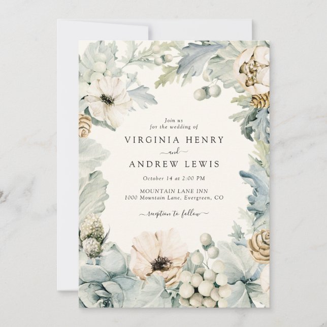 Invitación de boda boho azul polvoriento (Anverso)