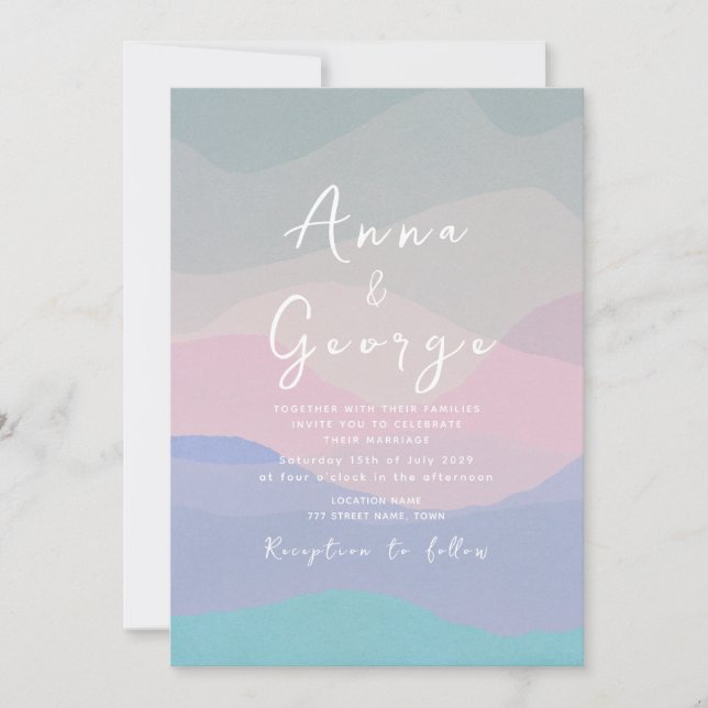 Invitación de boda boho azul polvoriento minimalis (Anverso)