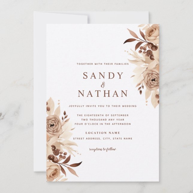 Invitación de boda boho beige floral (Anverso)