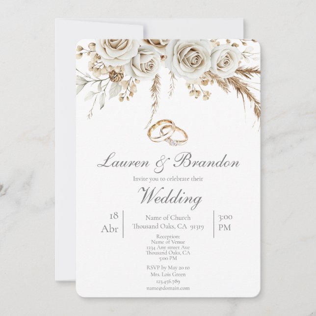 Invitación de boda boho blanca de Pampas (Anverso)