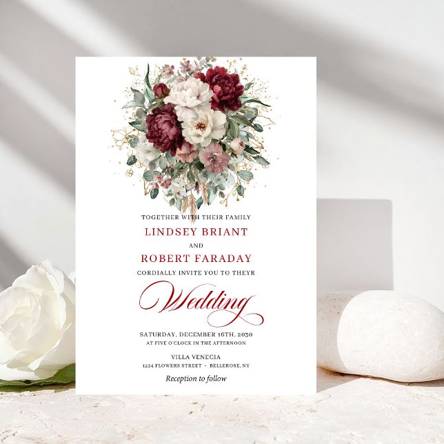 Invitación de boda boho borgoña y flores blancas (Boho Burgundy and White Flowers Wedding Invitation)