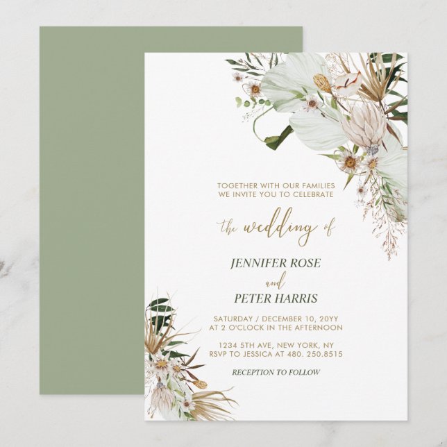 Invitación de Boda Boho Botánico Otoño Verde y Dor (Anverso / Reverso)