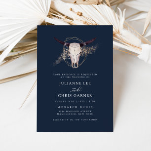 Invitación de boda Boho Chic con cráneo de toro