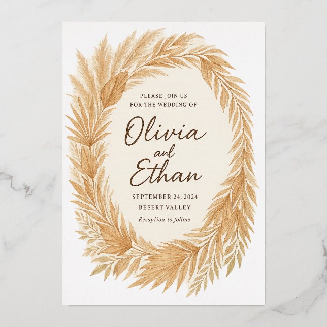 Invitación de boda boho chic – hierba de pampas y  (Anverso)