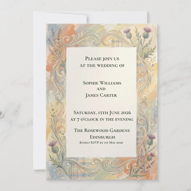 Invitación de boda boho con cardo escocés (Anverso)