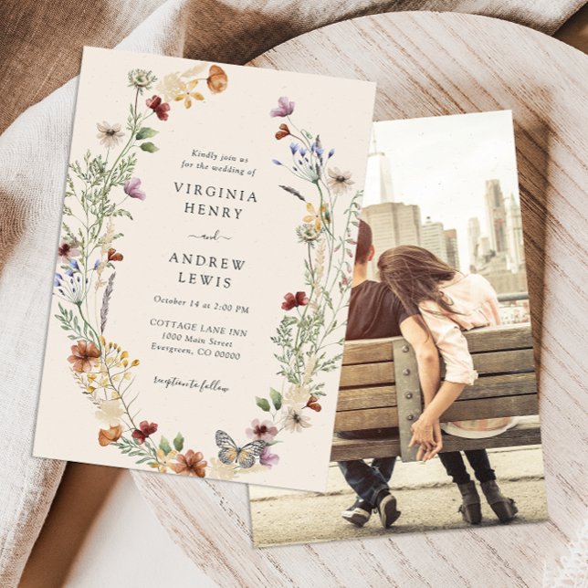 Invitación de boda boho con flores silvestres y fo (Photo Boho Wildflower Wedding Invitation
)