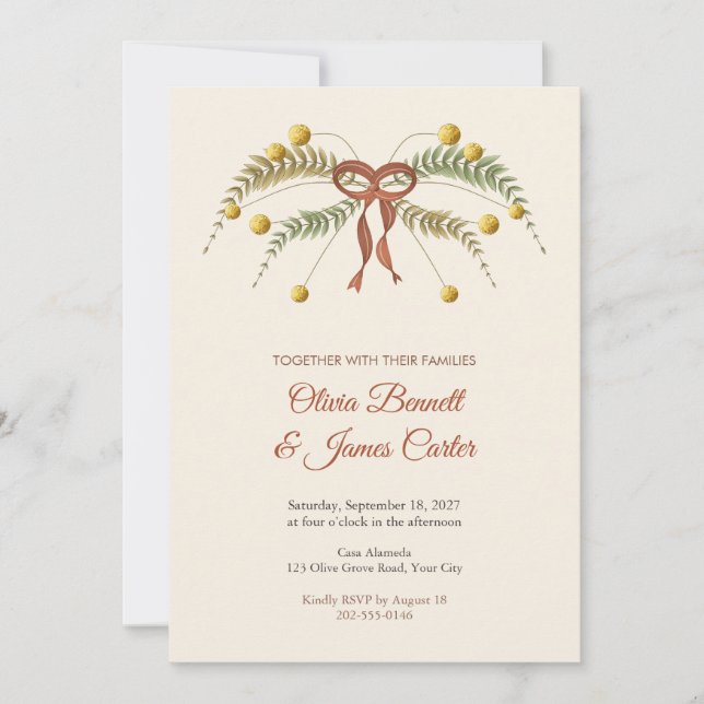 Invitación de boda boho con helecho y botones de B (Anverso)