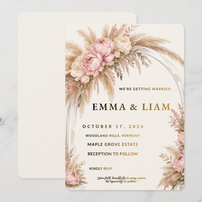 Invitación de boda boho con hierba de Pampas edita (Anverso / Reverso)