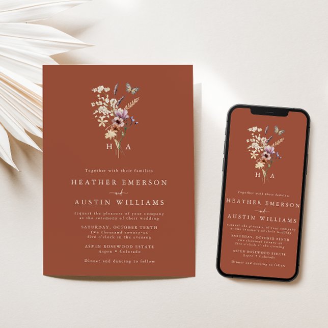 Invitación de boda boho con monograma de terracota (Subido por el creador)