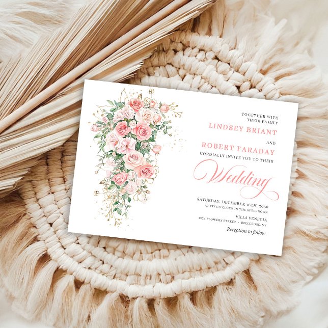 Invitación de boda boho con rosas de tono rosa y v (Boho Blush Roses Greenery Gold Wedding Invitation)