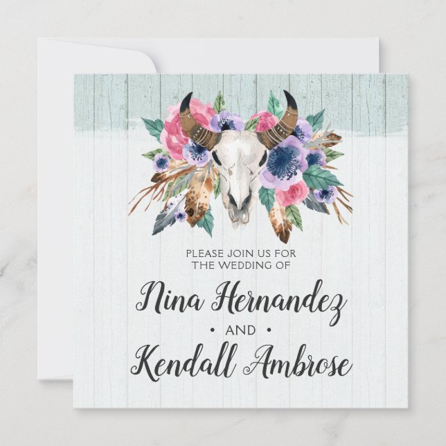 Invitación de Boda Boho Cráneo de Vaca Floral Rúst (Anverso)