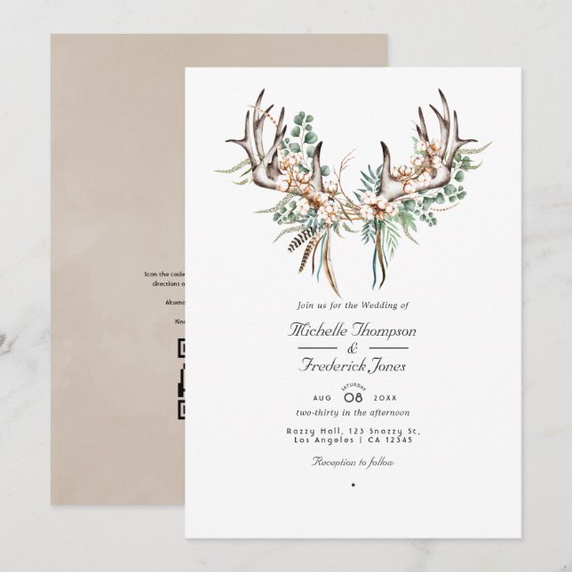 Invitación de boda boho de algodón y eucalipto (Anverso / Reverso)