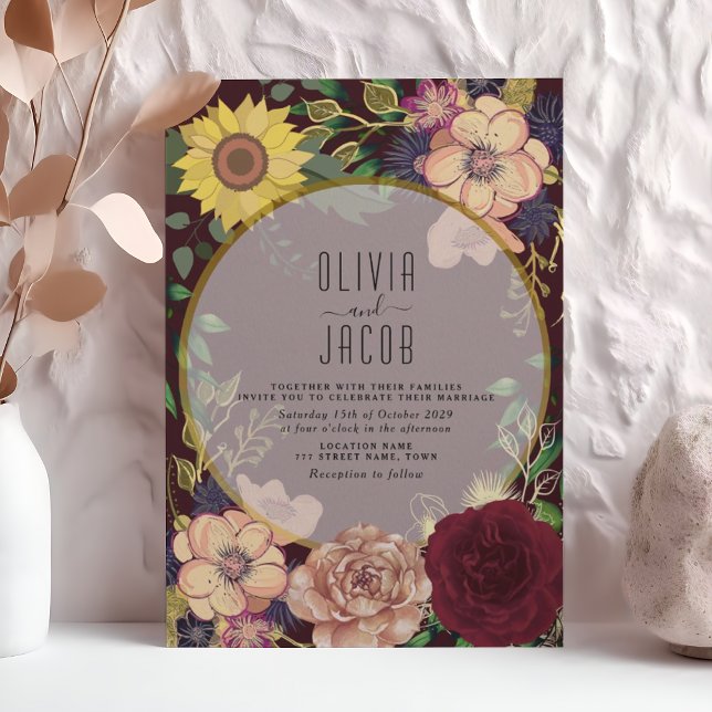 Invitación de boda boho de flor silvestre borgoña (Subido por el creador)