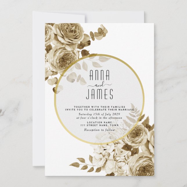 Invitación de boda boho de oro marfil (Anverso)