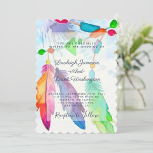 Invitación de boda boho de plumas y cuentas