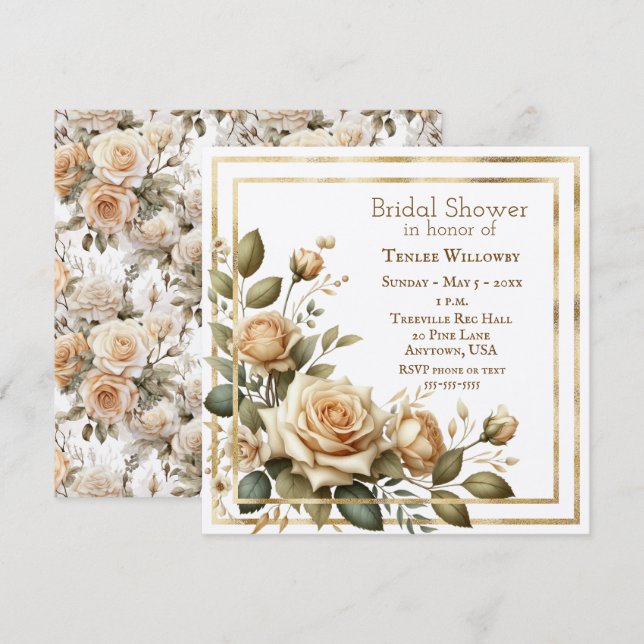Invitación de boda boho de rosas de marfil y crema (Anverso / Reverso)