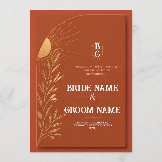 Invitación de boda boho de terracota al sol (Anverso)