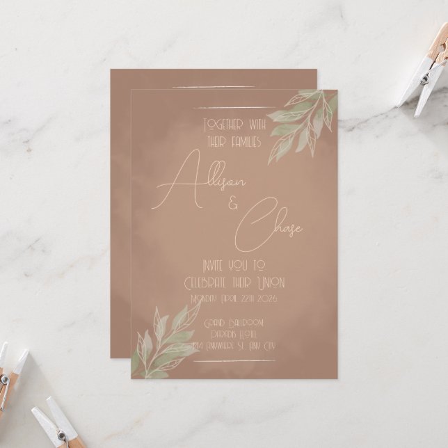 Invitación de boda boho de terracota con minimalis (Anverso/Reverso In Situ)