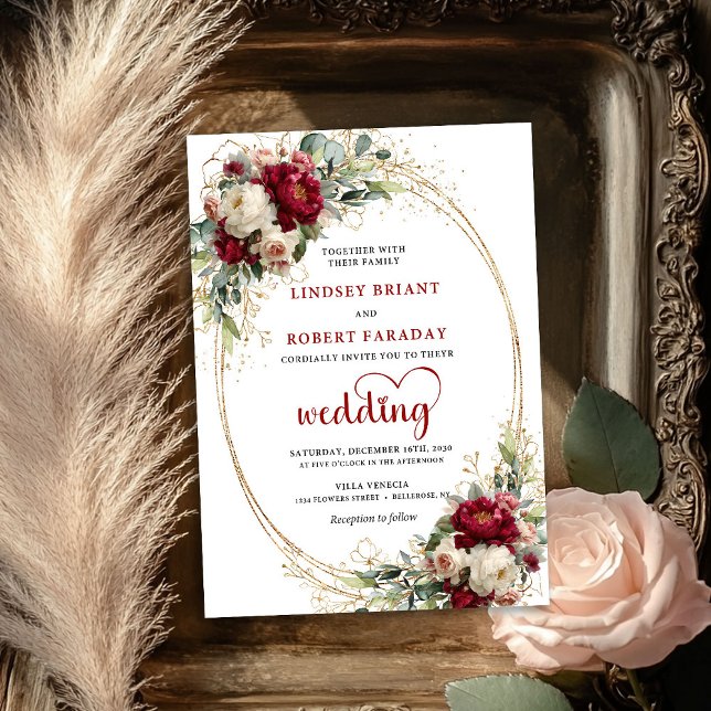 Invitación de boda boho dorada floral con rubor de (Burgundy Blush Floral Gold Boho Wedding Invite)