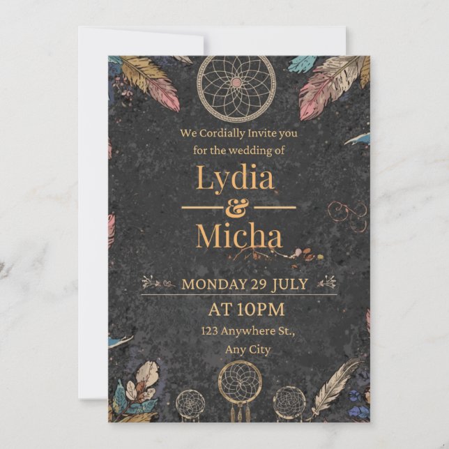 Invitación de boda Boho Dreamcatcher | Oscuro Rúst (Anverso)