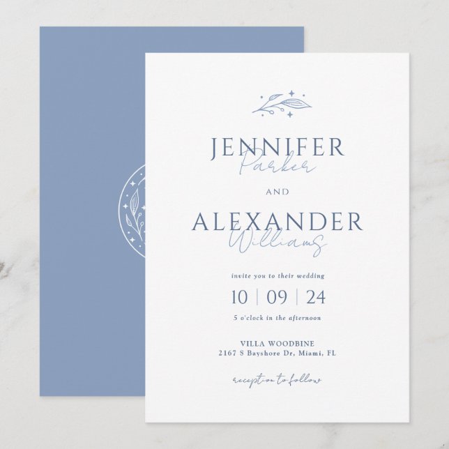 Invitación de boda boho dusty blue (Anverso / Reverso)