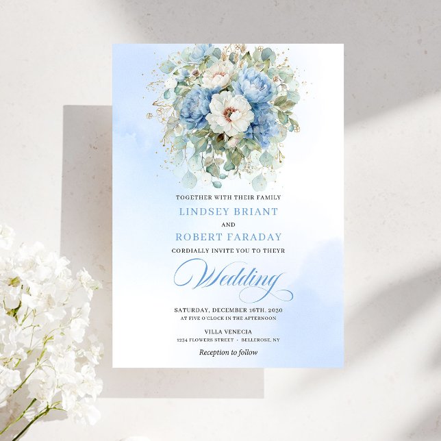 Invitación de boda boho dusty blue white peonía do (Boho Dusty Blue White Peony Gold Wedding Invite)