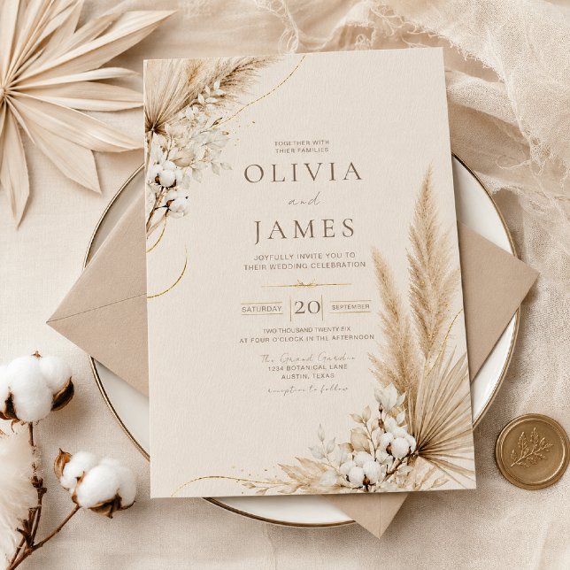 Invitación de boda boho Elegancia Pampas Neutrales (Subido por el creador)