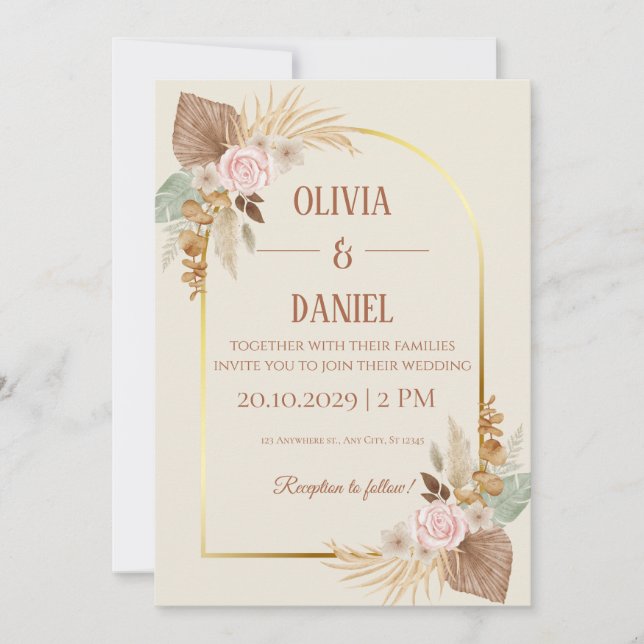 Invitación de boda boho elegante - Arco dorado mod (Anverso)