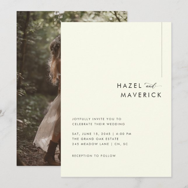 Invitación de boda boho elegante en marfil con fot (Anverso / Reverso)