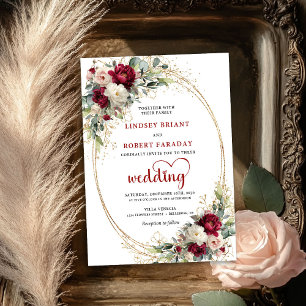 Invitación de boda boho elegante floral borgoña