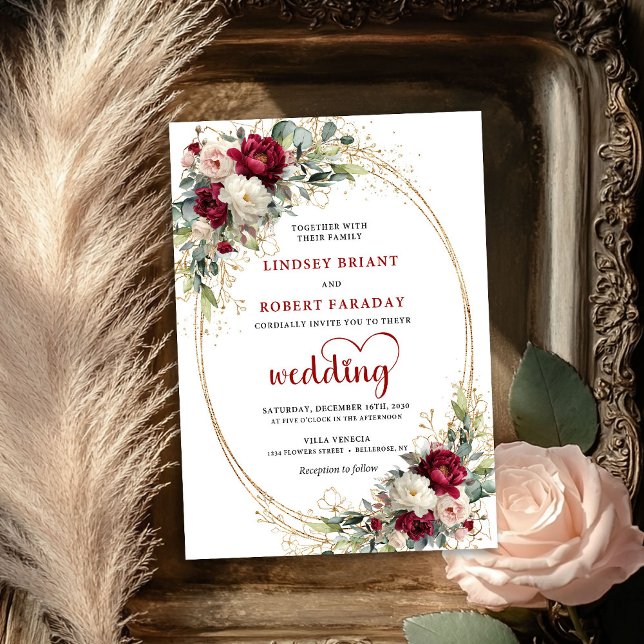 Invitación de boda boho elegante floral borgoña (Burgundy Floral Elegant Boho Wedding Invitation)