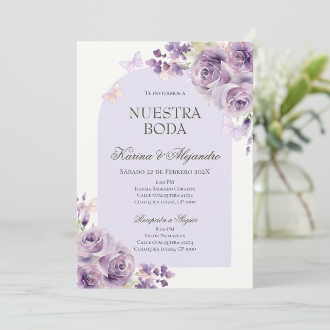 Invitación de boda boho elegante floral morado pol (Anverso de pie)