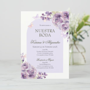 Invitación de boda boho elegante floral morado pol