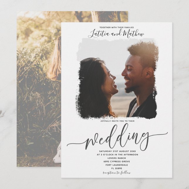 Invitación de boda boho elegante moderna con foto (Anverso / Reverso)