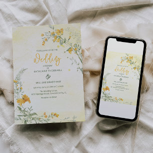 Invitación de boda boho floral amarilla elegante