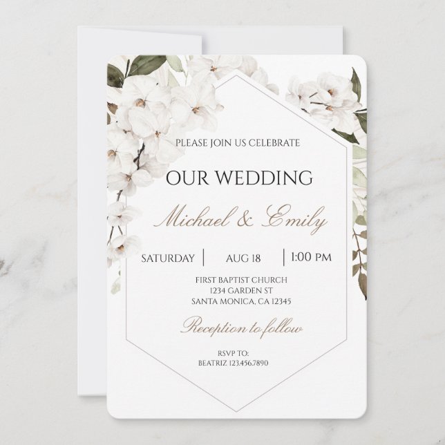 Invitación de boda boho floral blanca (Anverso)