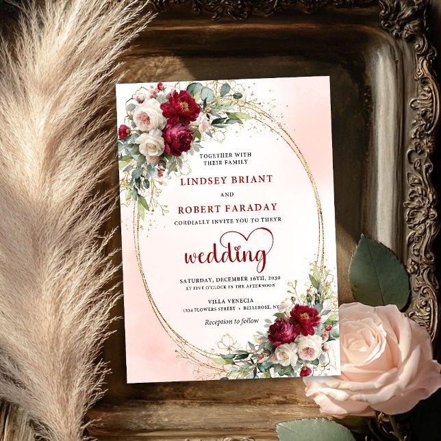 Invitación de boda boho floral con toque de borgoñ (Burgundy Blush Floral Boho Wedding Invitation)
