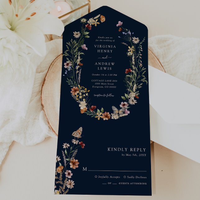 Invitación de boda boho floral de navy todo en uno (Navy Boho Floral All in One Wedding Invite by Painted Paperie
)