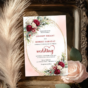 Invitación de boda boho floral dorada de Borgoña r