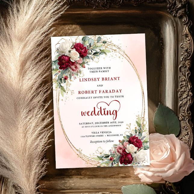 Invitación de boda boho floral dorada de Borgoña r (Romantic Burgundy Boho Floral Gold Wedding Invite)