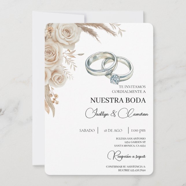Invitación de boda boho floral en español (Anverso)