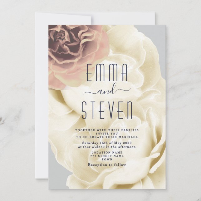 Invitación de boda boho floral rosa y azul (Anverso)